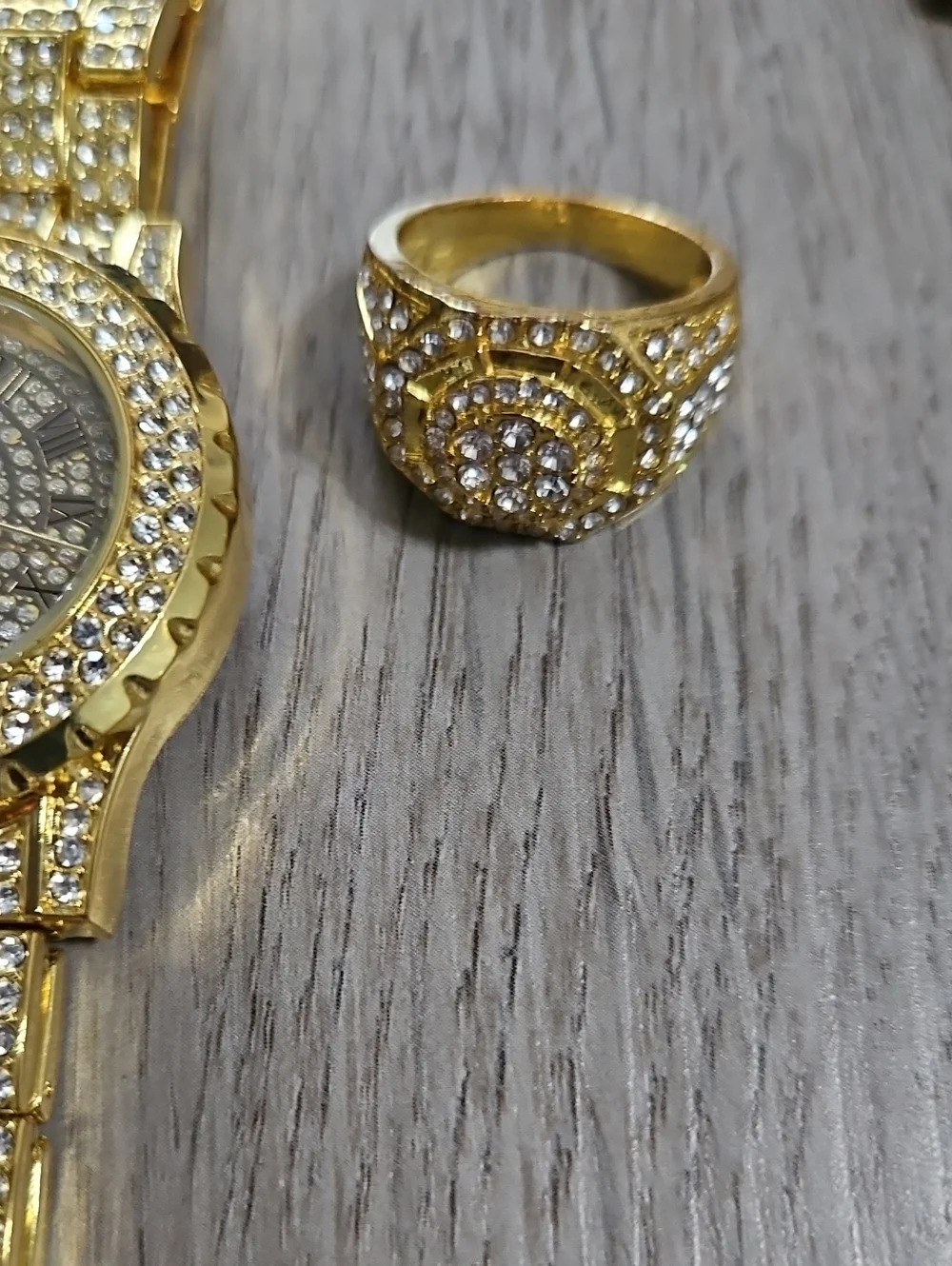 Gold-Tone Men Pave Cuban Link Necklace, Bracelet, Watch & Ring Set
